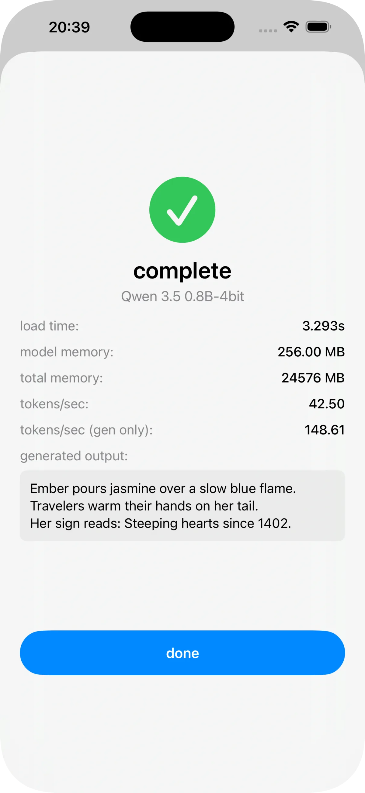 The first-run benchmark screen for the bundled Qwen 3.5 0.8B-4bit model: load time, model memory, total memory, tokens per second, and a three-line generated sample