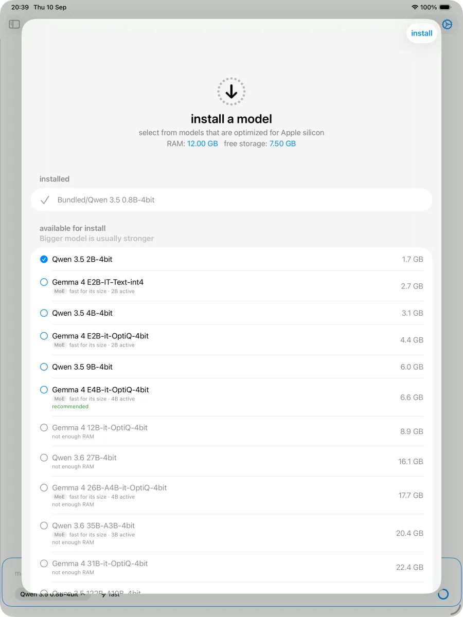 The model installer on an iPad with 12 GB of RAM and 7.5 GB free, sorted smallest first: Qwen 3.5 at 2B, 4B and 9B interleaved with Gemma 4 rows tagged MoE and their active parameter count, and Qwen 3.6 27B and 35B-A3B greyed out as not enough RAM