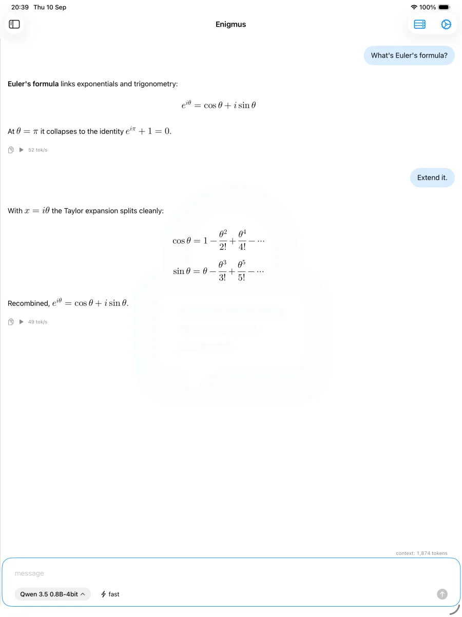 The chat screen on an iPad showing a typeset derivation of Euler's formula, with the input bar underneath: the model chip, the thinking toggle set to fast, and a context counter reading 1,874 tokens