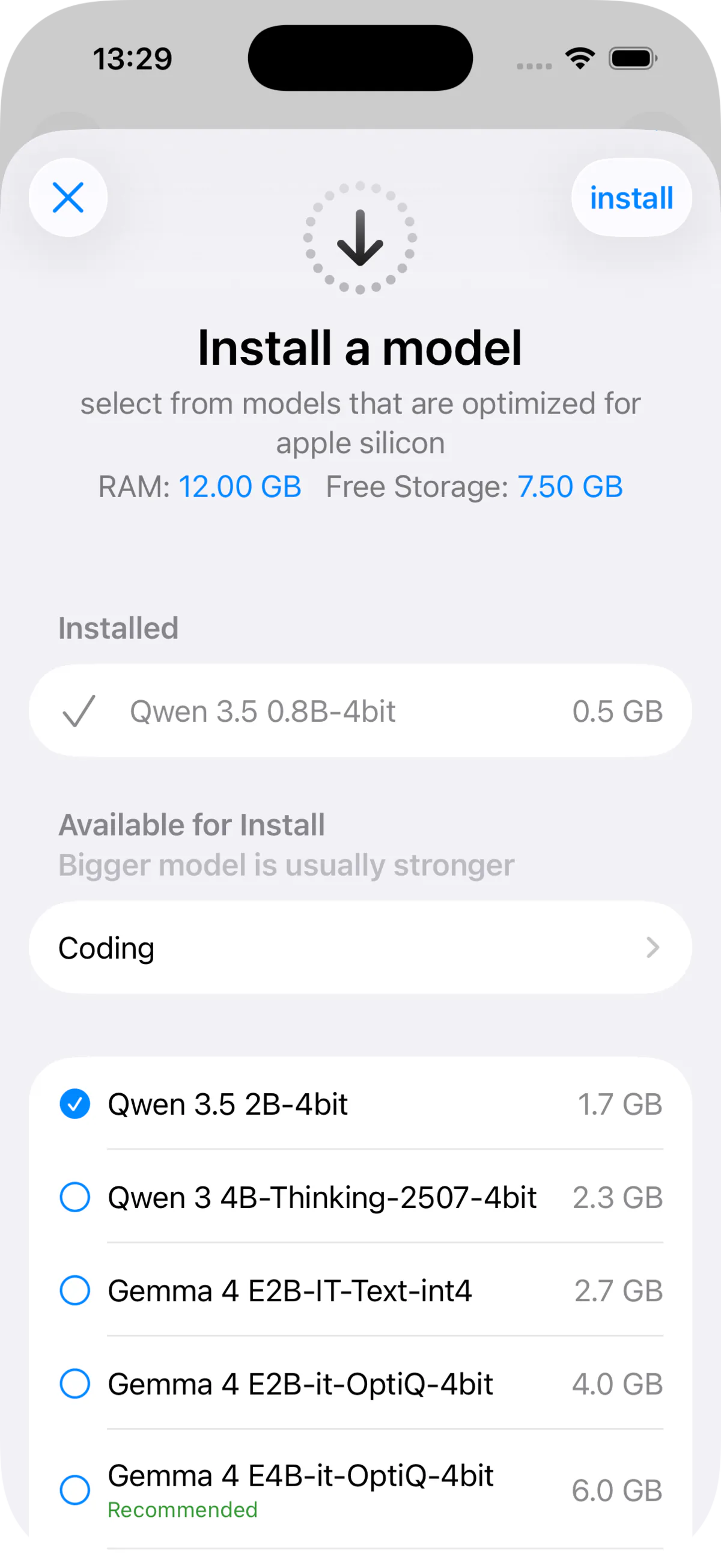 Enigmus model installer showing the Gemma 4 model catalogue on iPhone