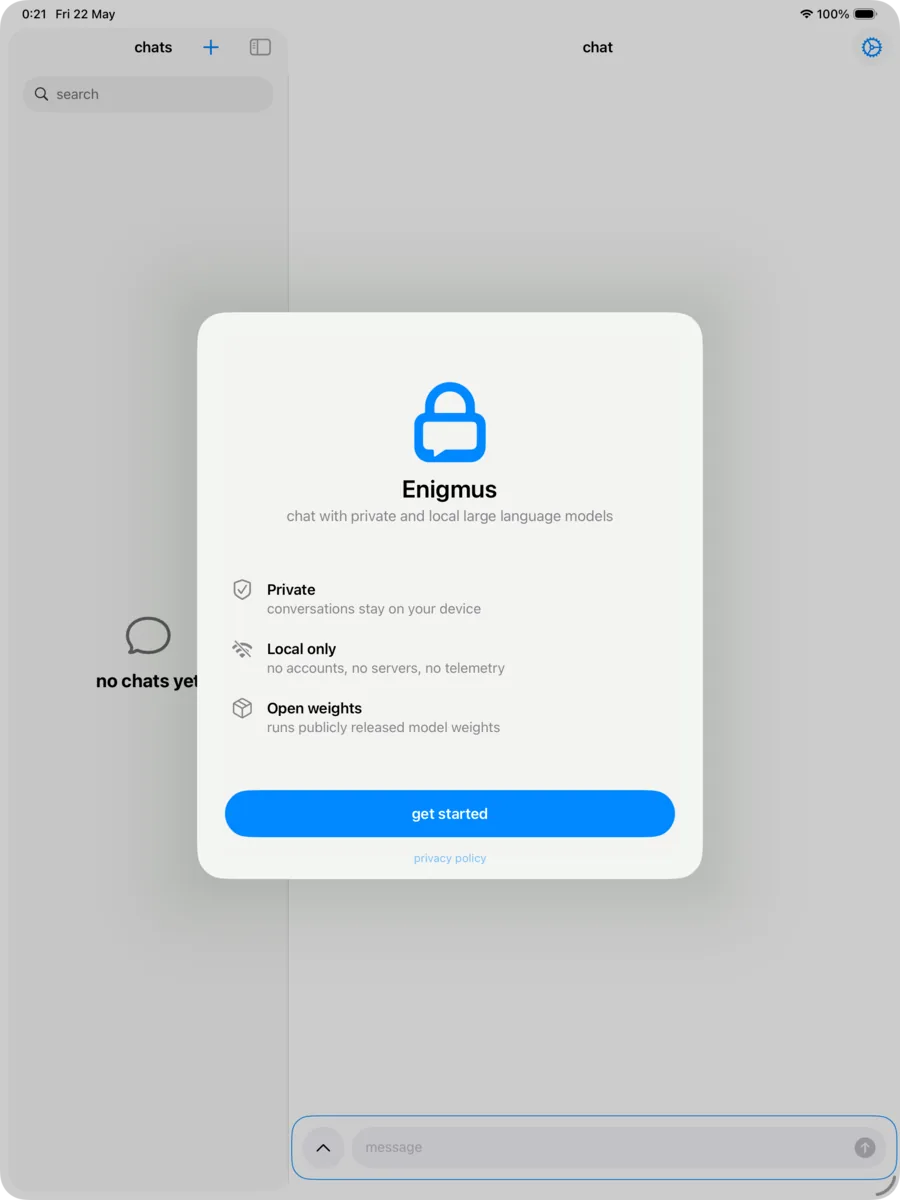 Enigmus for iPad — the welcome screen: private, local-only, open model weights