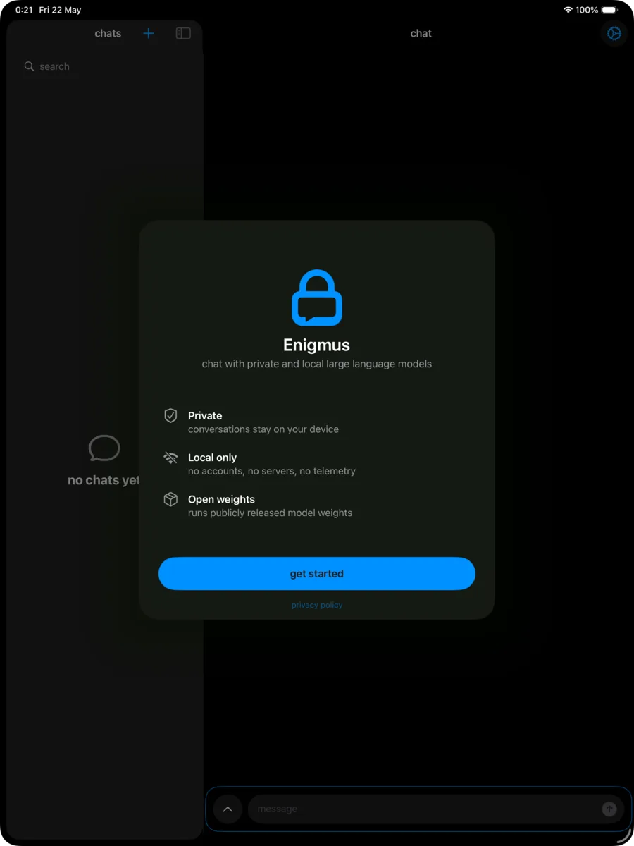 Enigmus for iPad — the welcome screen: private, local-only, open model weights
