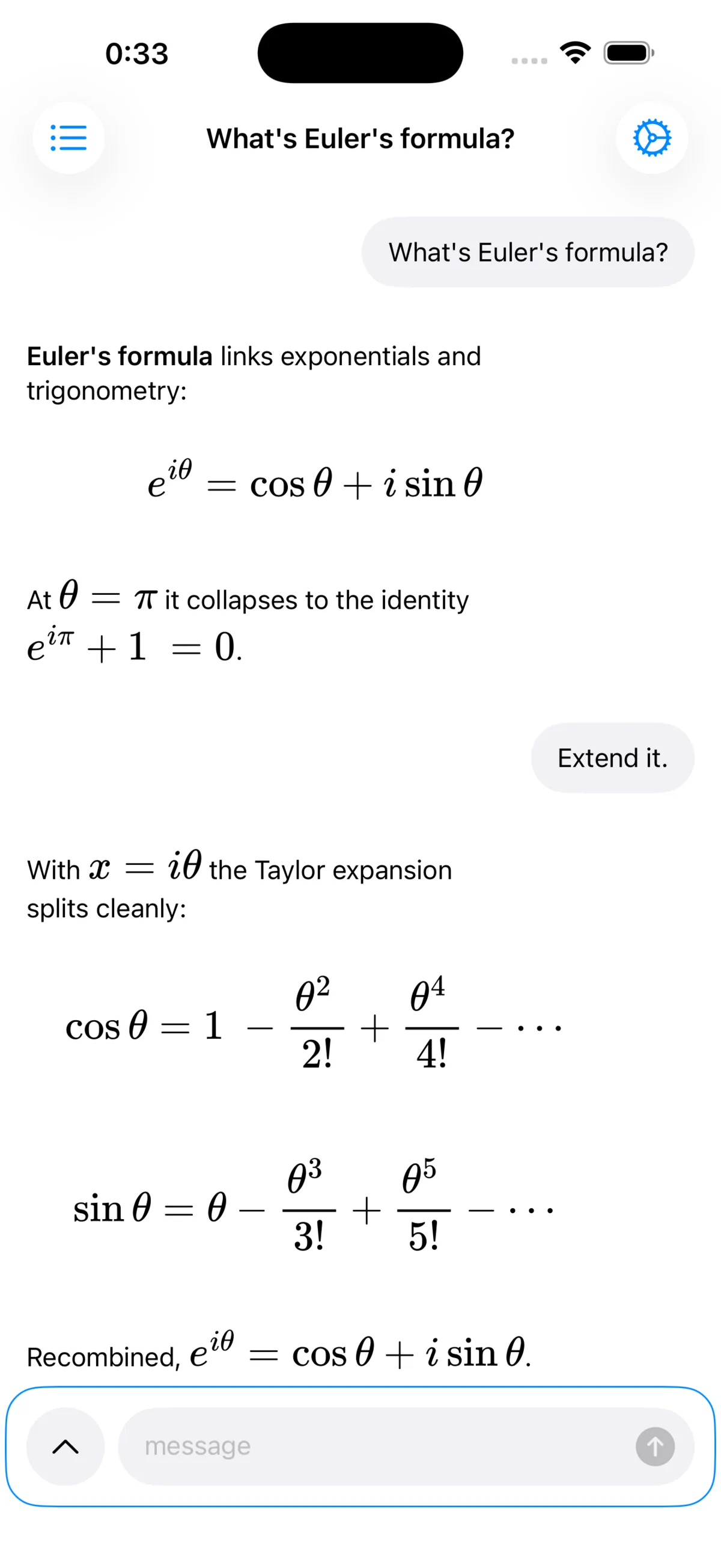 Enigmus for iPhone — a chat about Euler's formula, processed on-device