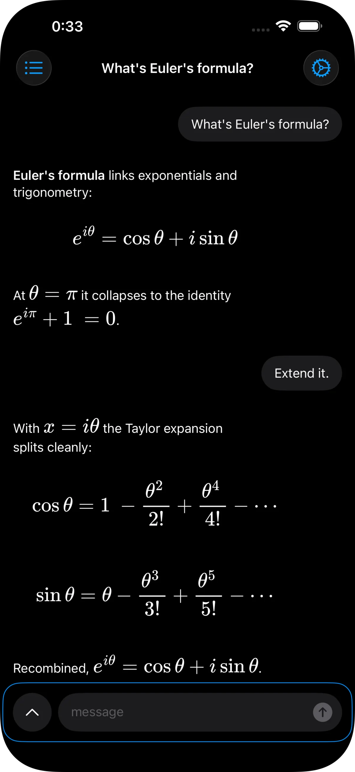Enigmus for iPhone — a chat about Euler's formula, processed on-device
