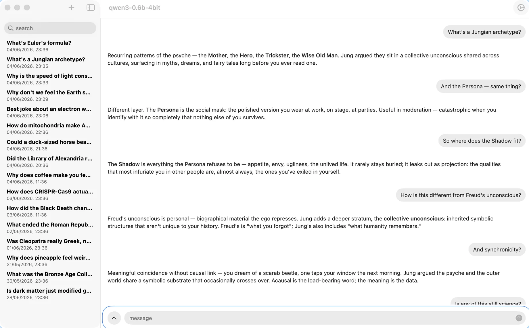 Enigmus for Mac — a chat about Jungian archetypes, processed fully on-device