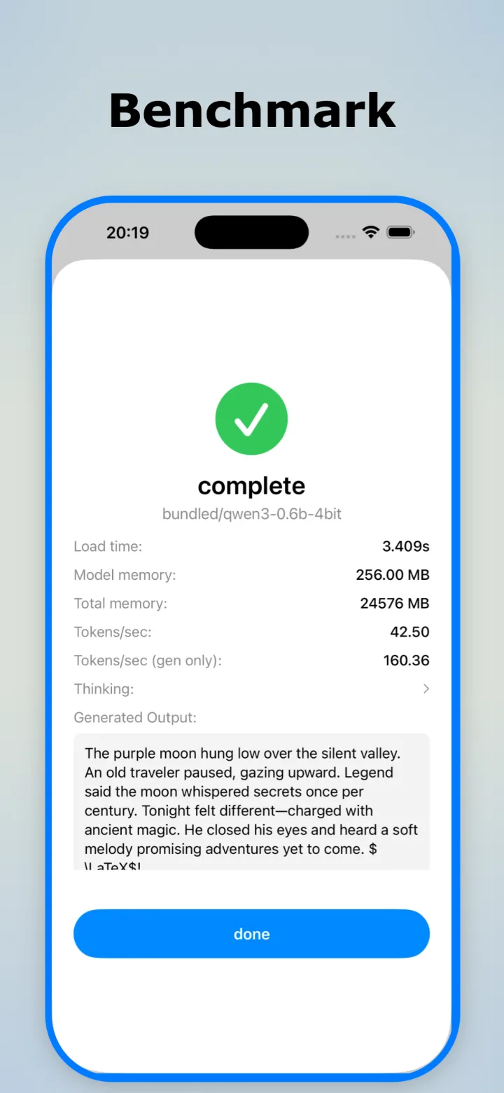 Benchmark results showing load time, model memory, total memory, and tokens per second