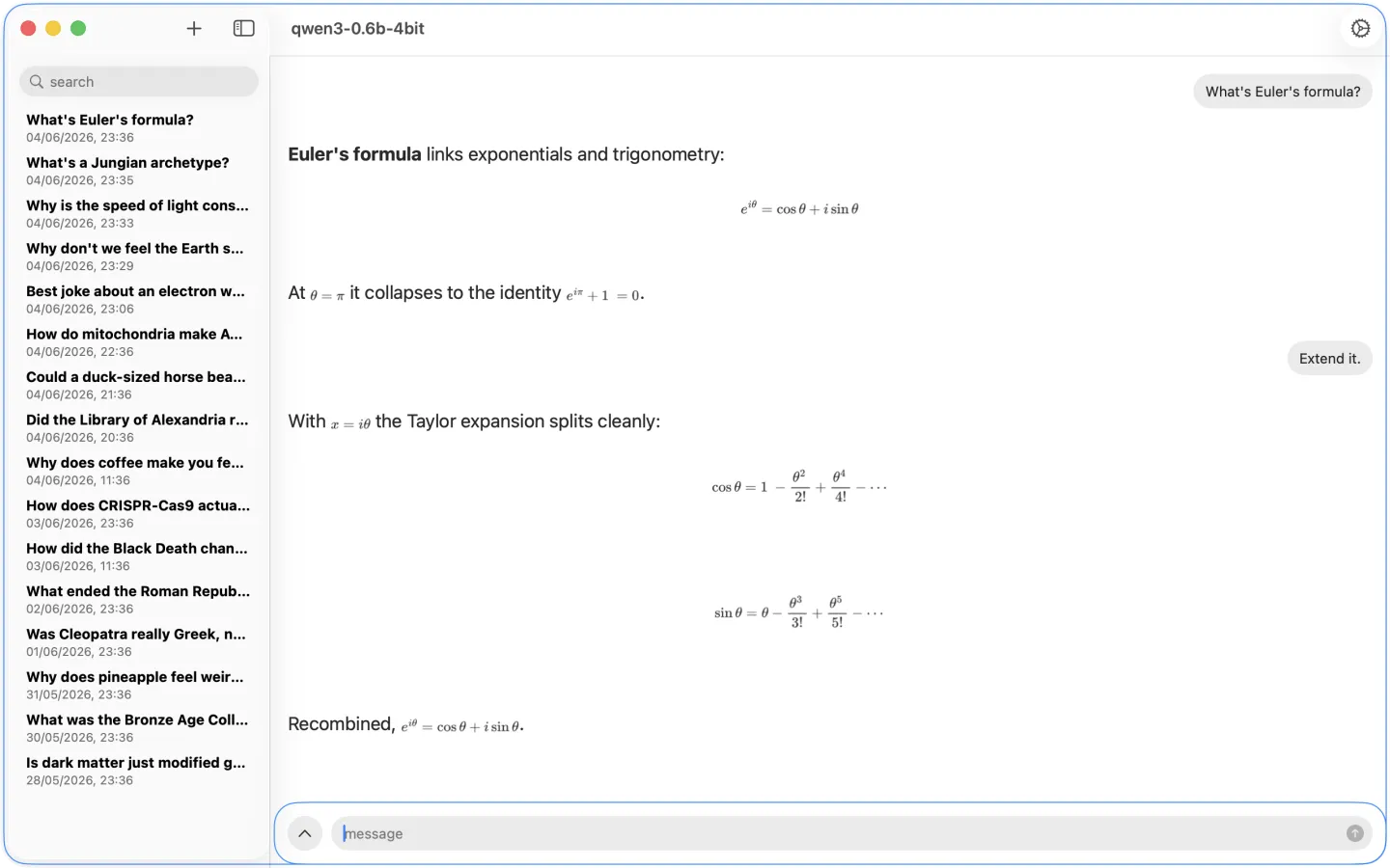 Enigmus on macOS showing a conversation-history sidebar and a chat rendering Euler's formula with typeset equations
