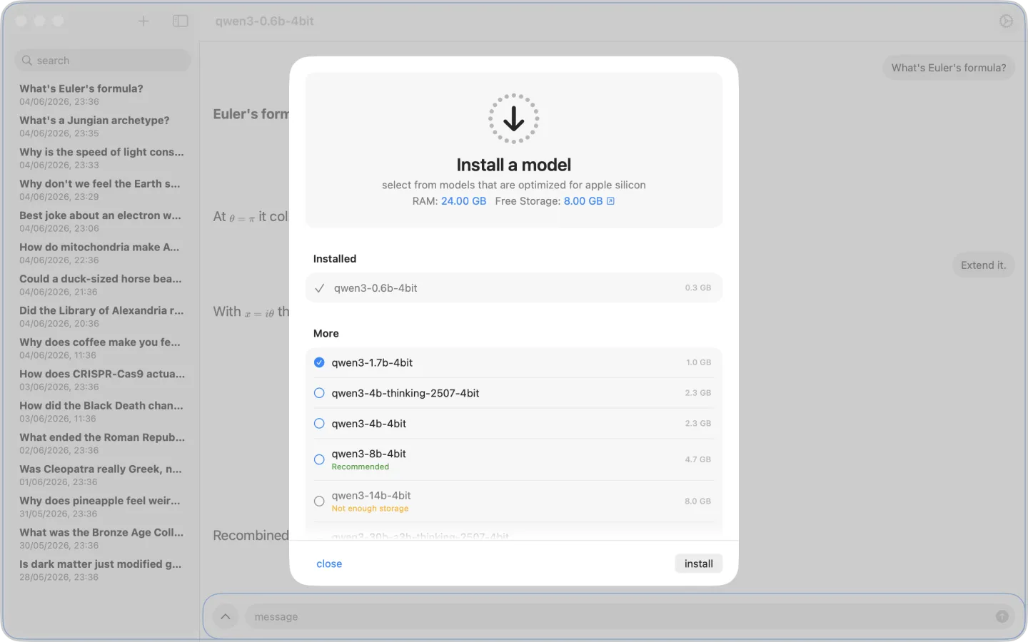 Model installer on macOS showing available RAM and free storage, a list of Qwen3 models with sizes, a recommendation, and a disabled model