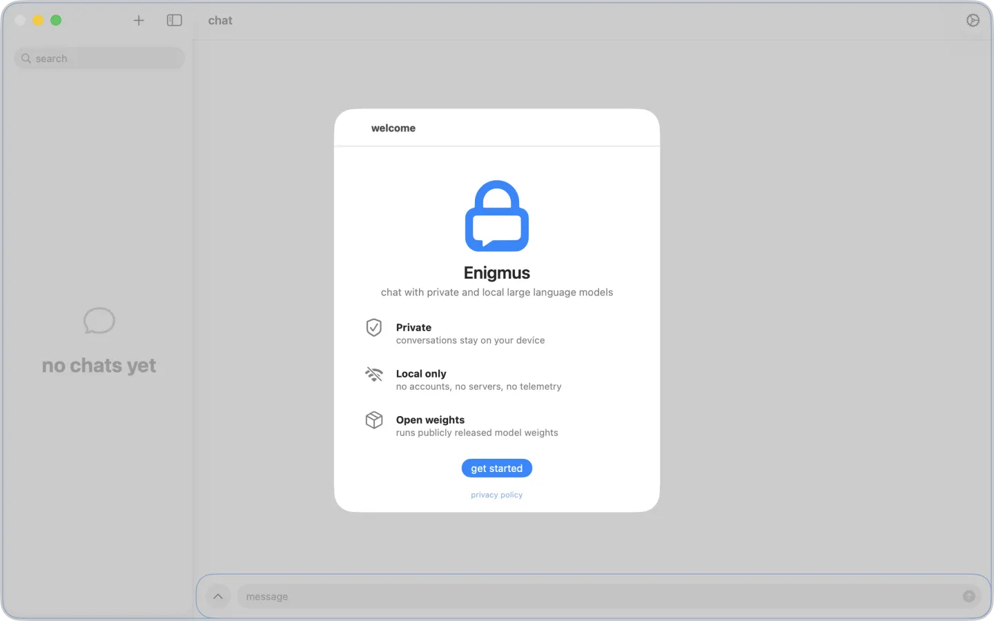 Enigmus welcome window on macOS listing three principles: private, local only, open weights