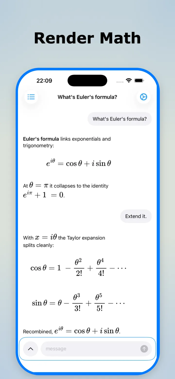 Enigmus rendering Euler's formula with typeset inline and display equations
