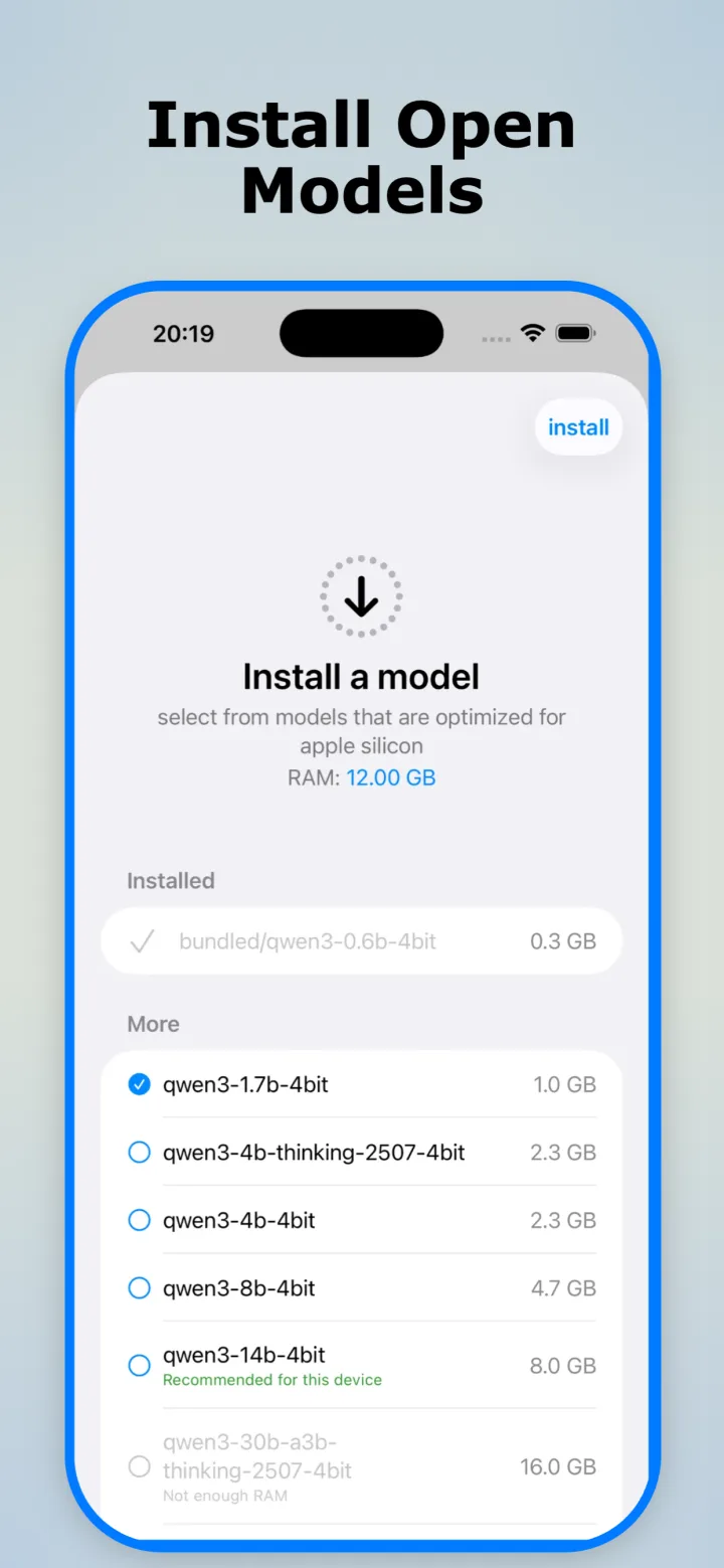 Model installer showing available RAM and a list of Qwen3 models with sizes and a recommendation