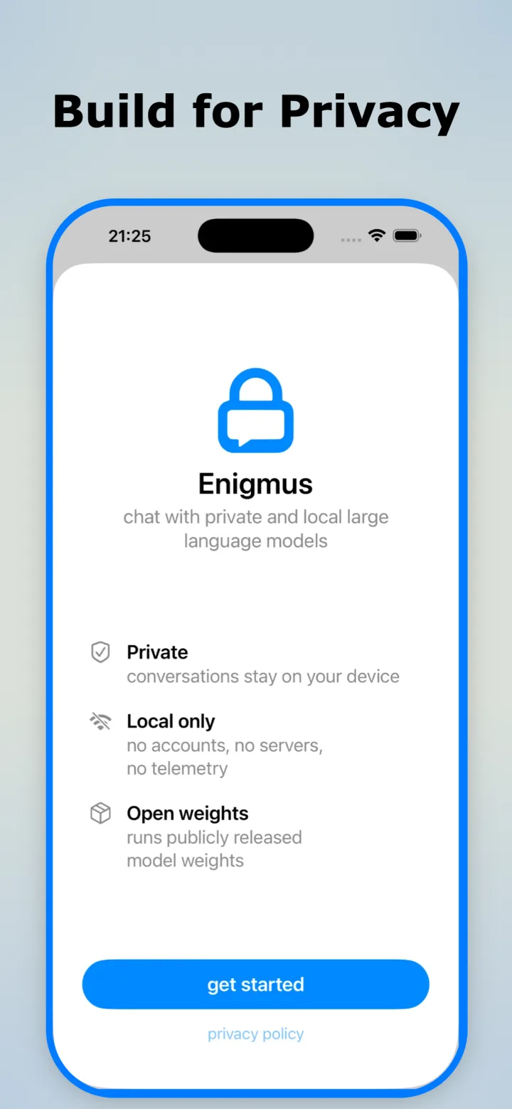 Enigmus onboarding screen listing three principles: private, local only, open weights